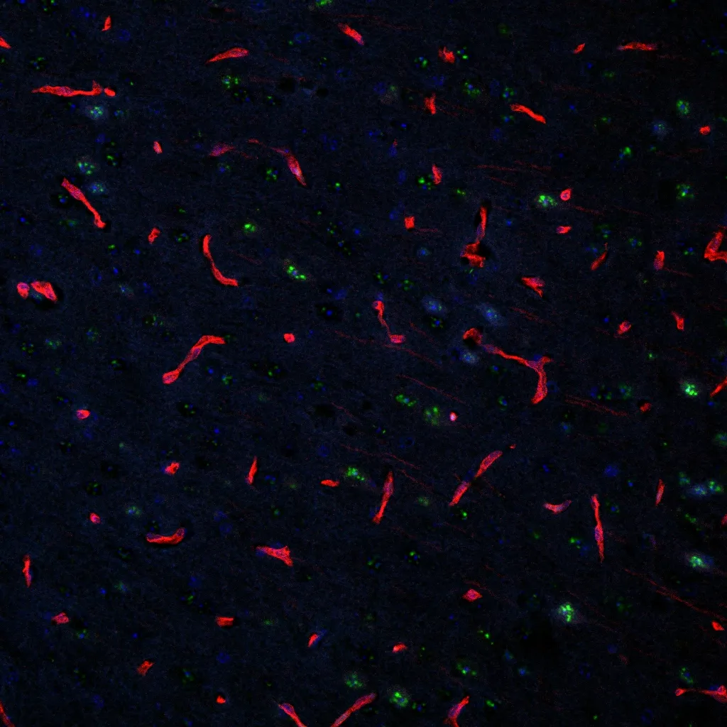 Double label immunofluorecence image of endothelial cells (CD31, red) and UBXN1 (green) to determine if endothelial cells, in a mouse model of small vessel disease, undergo endoplasmic reticulum (ER) stress
